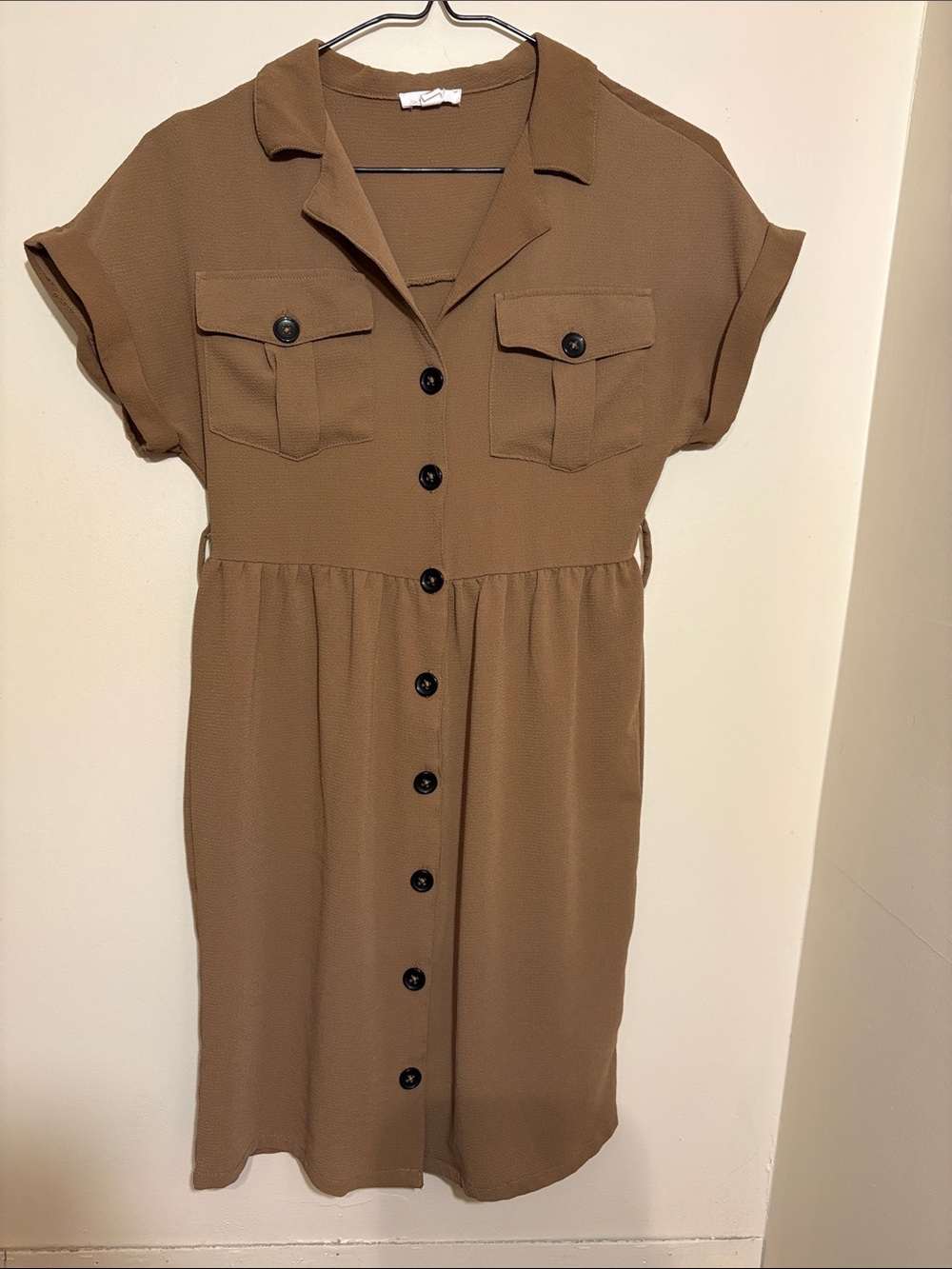 Button-Front Utility Shirt Dress in Brown